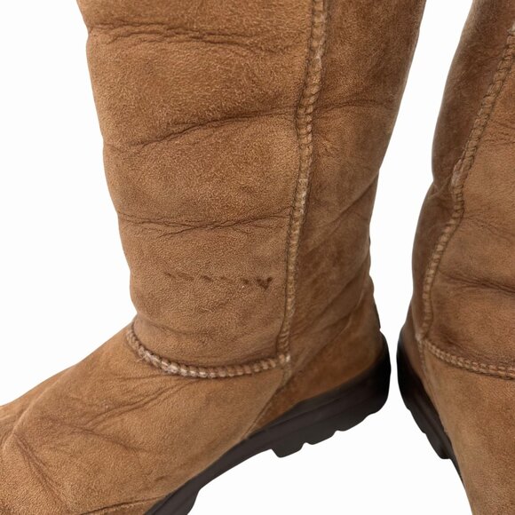 UGG ULTIMATE TALL BRAID CHESTNUT BROWN BOOTS SHEARLING LINED SUEDE - 7 - Picture 6 of 12
